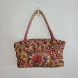 Anna Annushka Shoulder Bag Purse Satchel Hand Painted Floral Brown Red